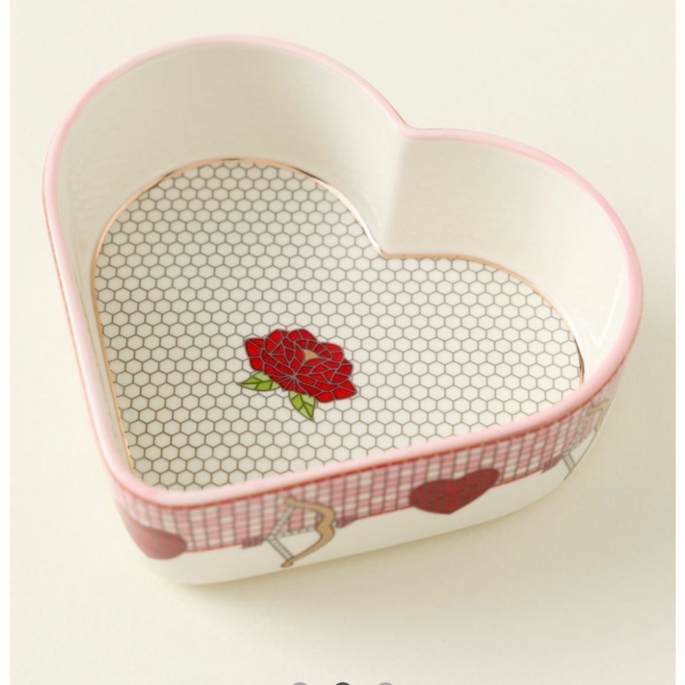 Anthropologie bistro tile ramekin Heart-Shaped Pink and White Dish